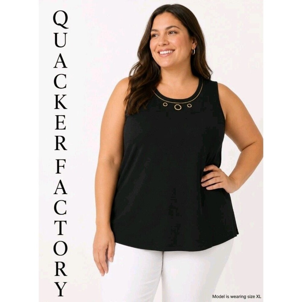 Quacker Factory Womens XL Grommets CZs Black Goldtone Casual Tank Top A229872